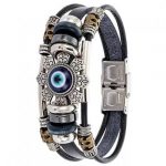 Classic Men Unisex Leather 3 Layer Blue Eye Bracelet
