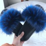 Women Fox Fur Slides Furry Flat Fluffy House - Blue
