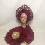 3 In 1 Set Auto Gele And Ipele InShiny Wine Asooke With Handfan