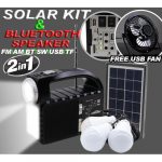 Solar lighting Kit with Bluetooth Speaker is a portable solar lighting energy device. The device when fully charged can be used to power two bulbs and also charge your phone. It is made up of the device, three bulbs, solar panel and usb cables for charging different phone types. Solar lighting Kit with Bluetooth Speaker is potable and can be carried when travelling long journeys. It may take longer time to charge when the sunlight is not so bright. It is suitable for indoor use.. It is recharged automatically by sunshine and power for night use.Works for long hours when fully charged.It is small portable smart and bright. It save you cost and can light up an entire room. Ensure that the device is fully charged before your first use. If the light blinks, it means the power is very low and you have to recharge it. It may take a long time to fully charge the device without bright sunlight.It is suitable for both homes, offices, hotels, restaurants, clubs and every area where bright indoor light is required. This device works well.Note: The Usb Fan Can Differ in Color.