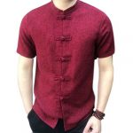 Incerun Vintage Mens Stand Collar Short Sleeve Shirt - Wine Red