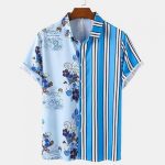 MURIOKI Men's Casual Floral &Stripe Print Contrasting Shirt - Blue
