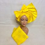Stylish Auto Gele And Ipele In Yellow Asooke Embellished With Stones