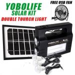 YOBOLIFE Portable Solar Energy Kit With Double Tourch Light, 3 Super Bright Bulbs & Free Usb Fan